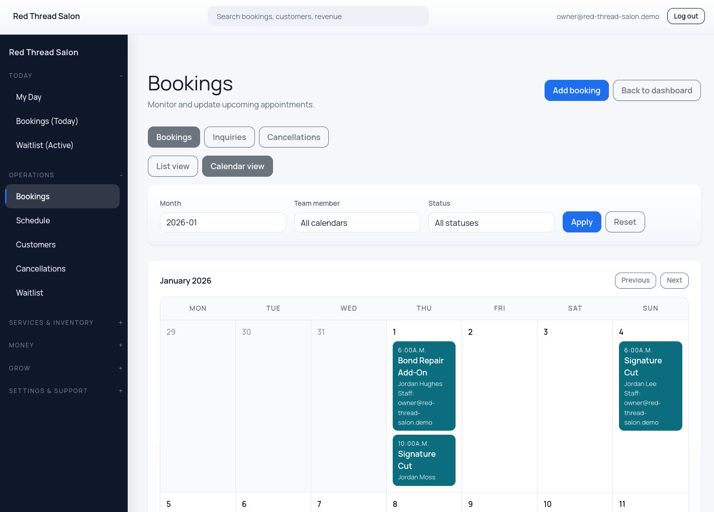 Salon booking software calendar view with staff scheduling