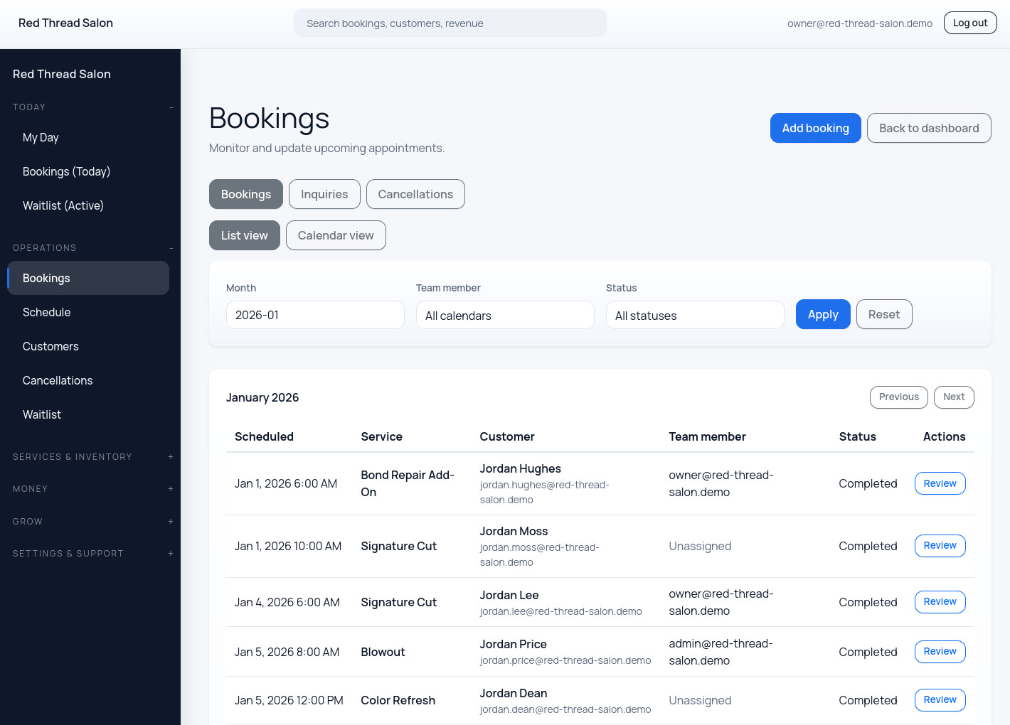 All bookings list view for salon booking software