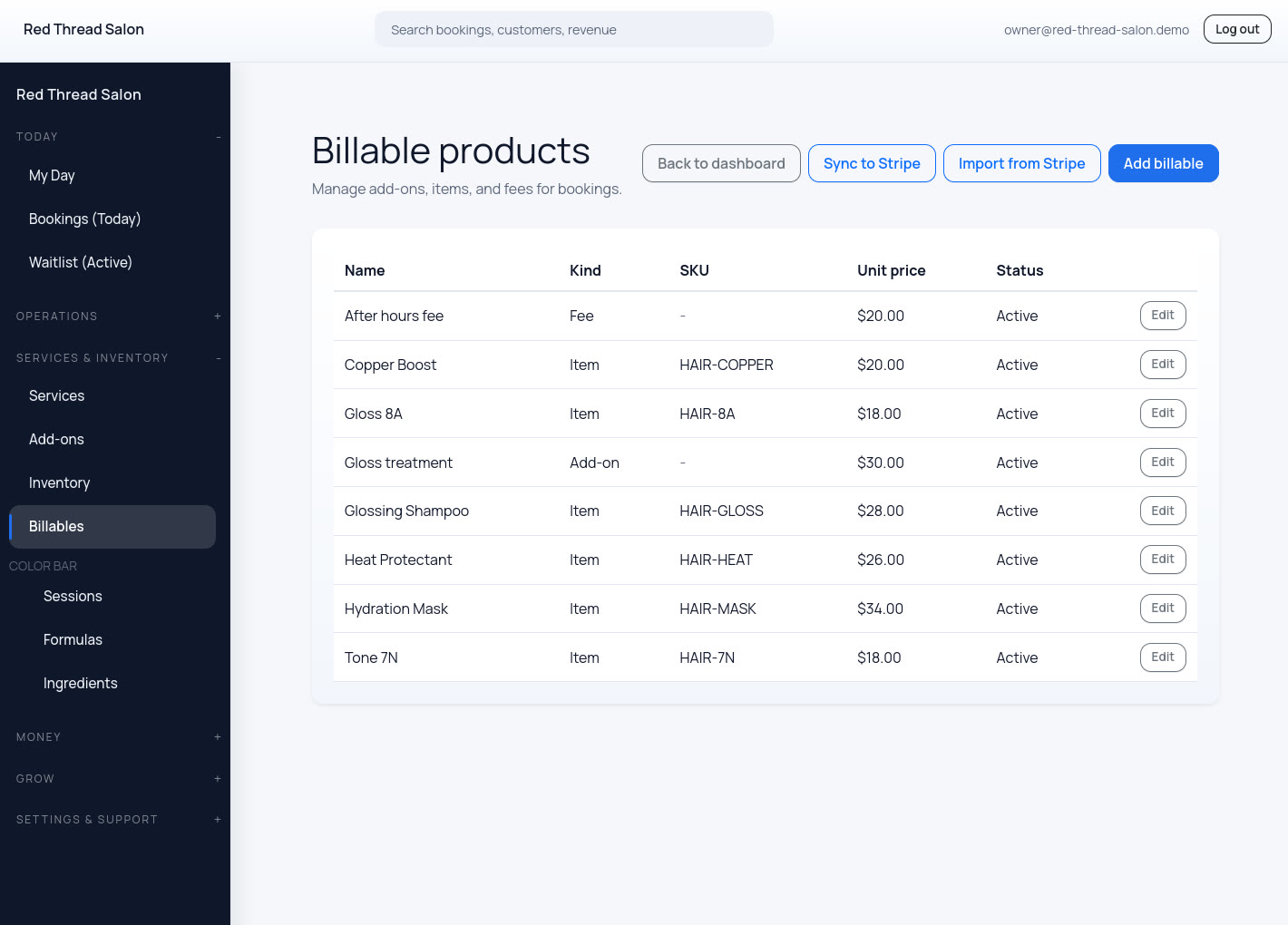 Billable items and product catalog view