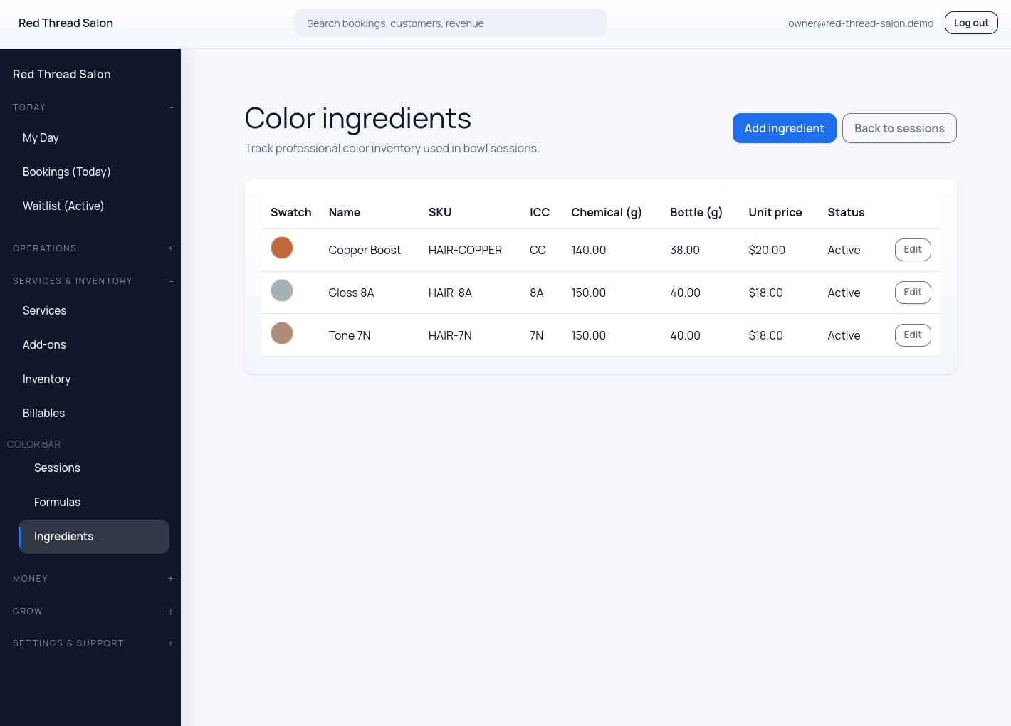 Color Bar ingredient management view