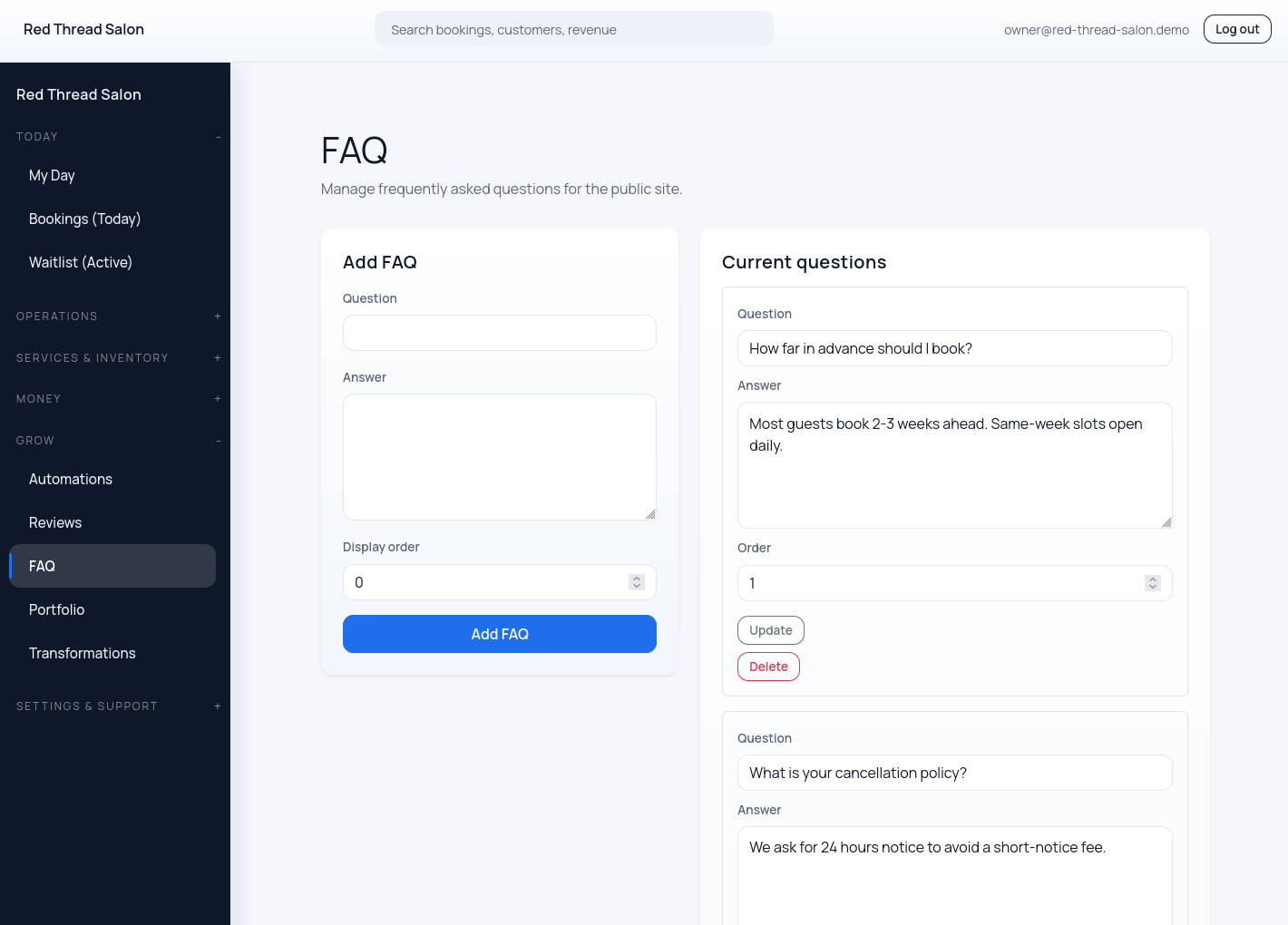 FAQ customization view