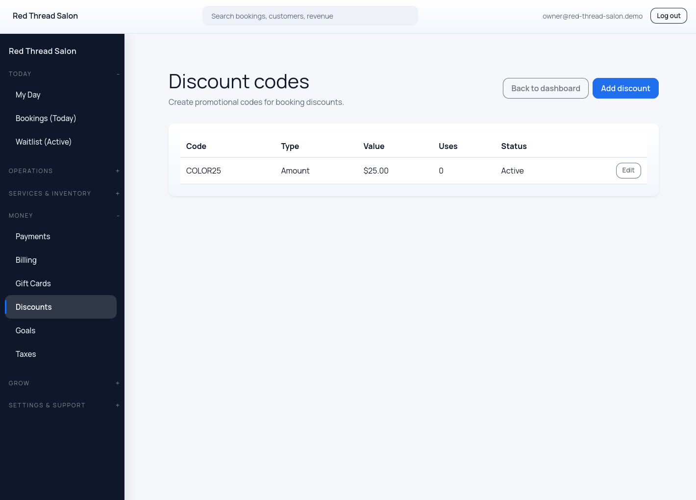 Discount code management view