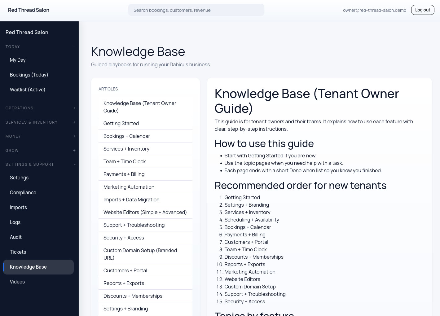 Knowledge base articles and support resources