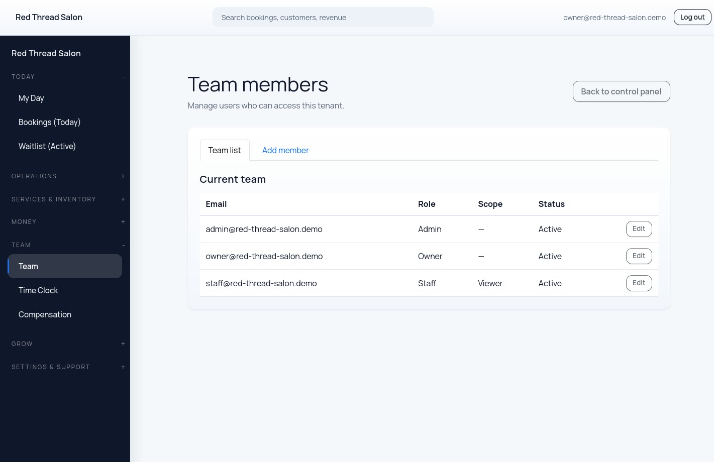 Team management dashboard with staff controls and schedules