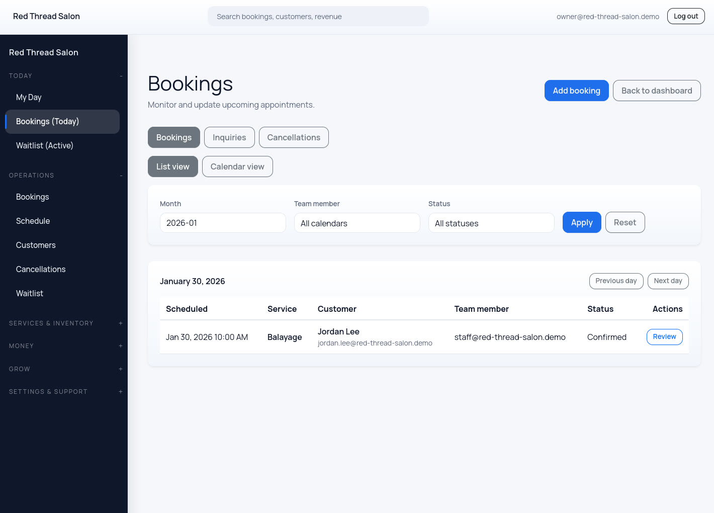 Today's bookings overview for salon booking software